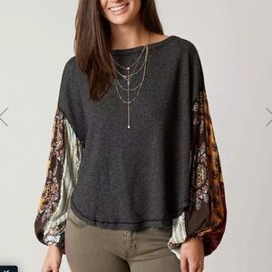 We The Free Charcoal Top with Multicolor Sleeves